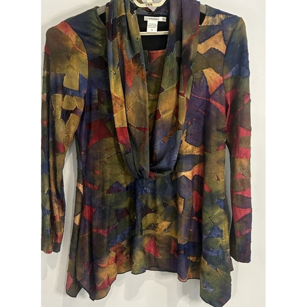 Feratelli Burnout Art to Wear Tunic Top Womens Size M Colorful Stretch Scarf